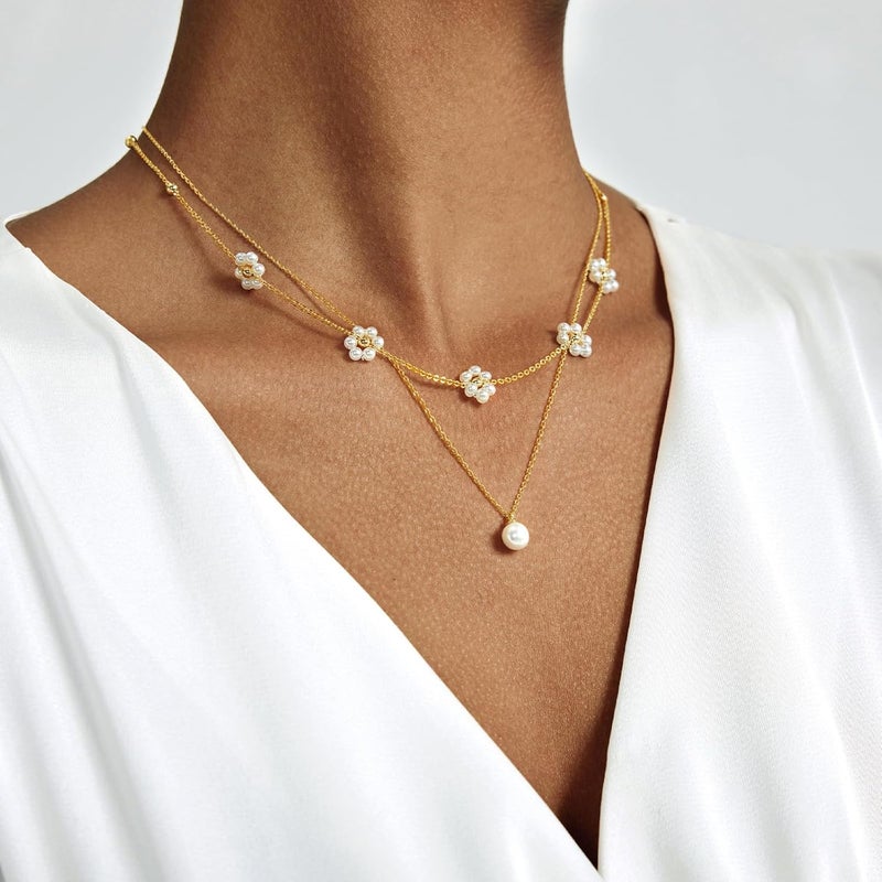 Partm Pearl Necklace for Women Trendy 14K Gold Plated Dainty Pearl Pendant Choker Set Handmade Pearl Gold Necklace Non Tarnish Simple Cute Jewelry Gifts for Women - Image 4